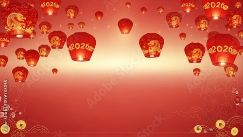 2026 Chinese New Year Background with Dragon Sky Lanterns, Red Festive Template for Lunar New Year Celebration, Golden Coins and Plum Blossoms.