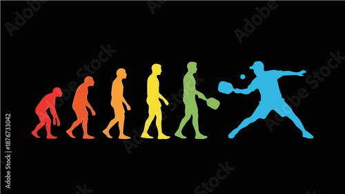 Evolution of Man to Pickleball Player - Colorful Silhouette Graphic of Human Progress from Ape to Athlete with Paddle and Ball