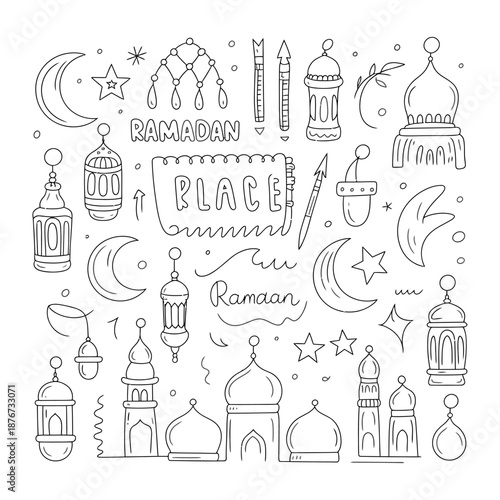 Ramadan Celebration Doodle: A collection of meticulously crafted, line-art illustrations, capturing the essence of Ramadan. Featuring a crescent moon, mosque, lantern.