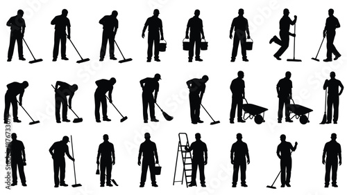 Large Collection of Janitor Silhouettes Featuring Cleaning Service Workers with Brooms Buckets and Ladders Minimalist Black Vector Icons on White Background