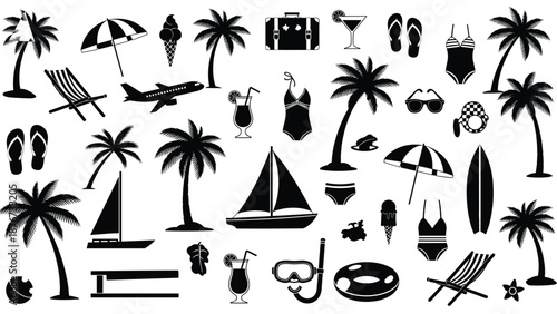 Large Collection of Summer and Beach Holiday Silhouettes, Including Palm Trees, Swimsuits, Surfboard, Ice Cream, and Travel Icons for Vacation Concepts.