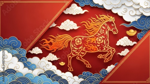 Chinese New Year Year of the Horse Background with Golden Fiery Zodiac Animal, Auspicious Clouds, and Sycee Ingots in Traditional Paper Art Style
