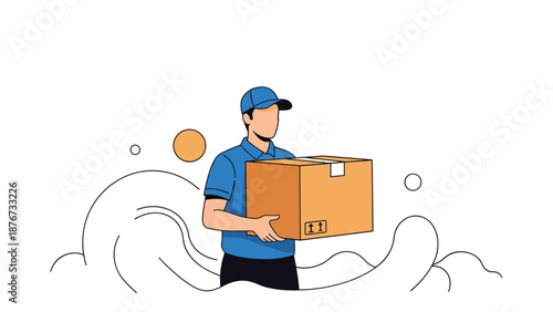 Professional delivery driver wearing a blue uniform holds a large cardboard package ready to be delivered to a customer for logistics.
