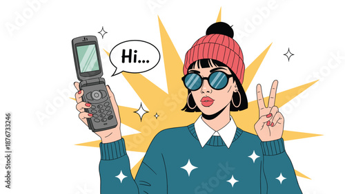 Trendy young woman wearing a beanie and sunglasses holds a vintage flip phone and makes a peace sign in a pop art style illustration.