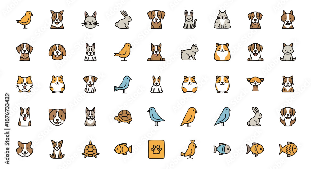 Fototapeta premium Collection of Various Adorable Pet and Animal Icons for Design Projects