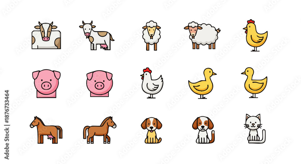 Fototapeta premium Collection of charming cartoon farm animal icons featuring cows, pigs, sheep, chickens, ducks, horses, dogs, and cats in a playful style
