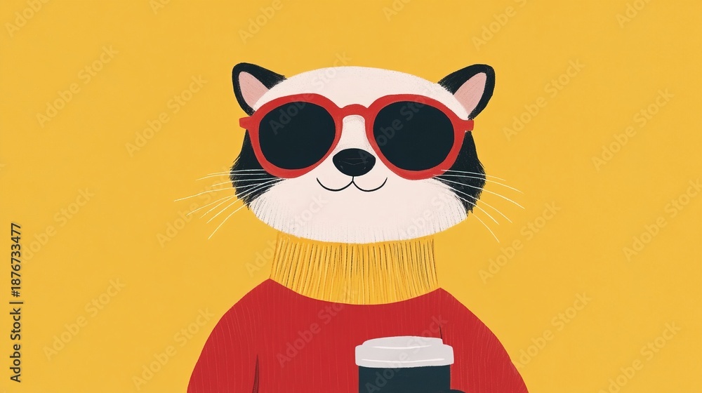 Fototapeta premium Cat wearing sunglasses and holding a cup stands against a yellow background