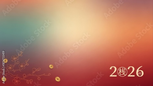 Lunar New Year 2026 celebration background, abstract red and gold gradient with stylized plum blossom branches and traditional Chinese coins for Spring Festival greeting cards.