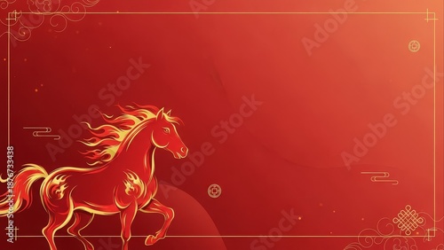 Chinese New Year Background with Majestic Fire Horse Zodiac Symbol on Red and Gold Luxury Template Design for Lunar Celebration