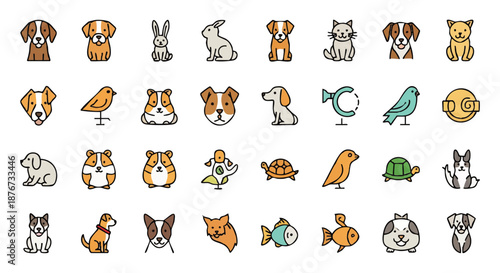 A diverse collection of charming pet and animal icons, featuring a variety of domestic animals and creatures for graphic design and illustration purposes
