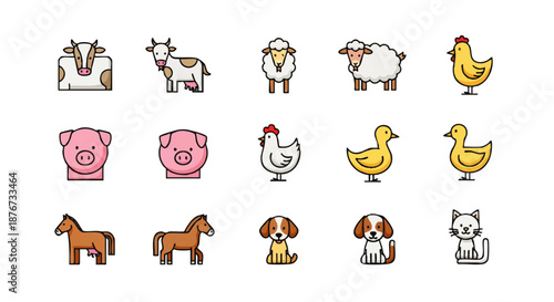 Collection of charming cartoon farm animal icons featuring cows, pigs, sheep, chickens, ducks, horses, dogs, and cats in a playful style