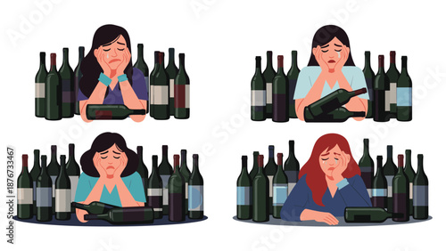 Depressed women are shown in multiple panels crying while surrounded by many wine bottles illustrating the concept of alcohol abuse.