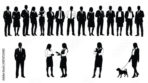 Large set of diverse business people silhouettes, professional corporate team standing together, coworkers talking, and businesswoman walking dog for work-life balance.