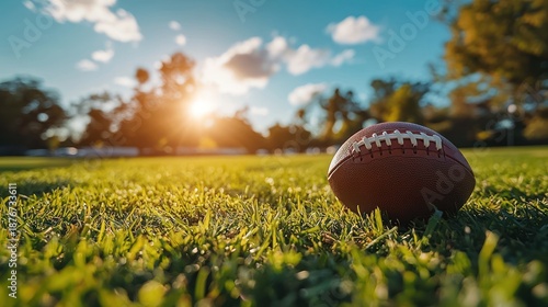 Football on grass at sunset, park background; sports imagery