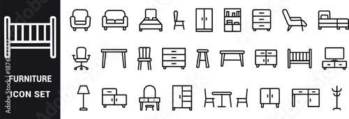 Collection of black outline furniture icons on white background home