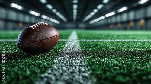 Football on indoor field, game preparation, stadium background, sports imagery