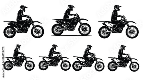 Large set of motocross rider silhouettes, dirt bike racing stunts and motorcycle sport icons, extreme action vector isolated on white, background