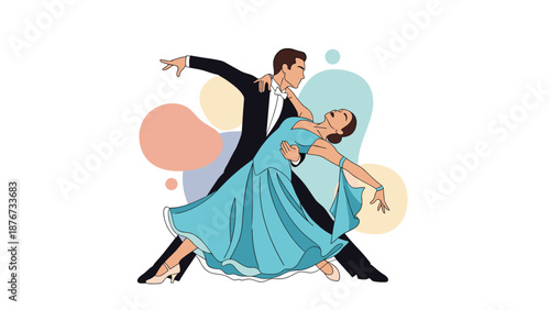 Elegant couple performs a graceful ballroom dance together against a background of colorful abstract shapes and soft pastels.