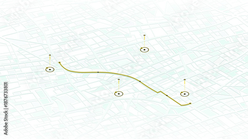 Isometric view of white city map with yellow curved route and circular stops. Vector illustration.