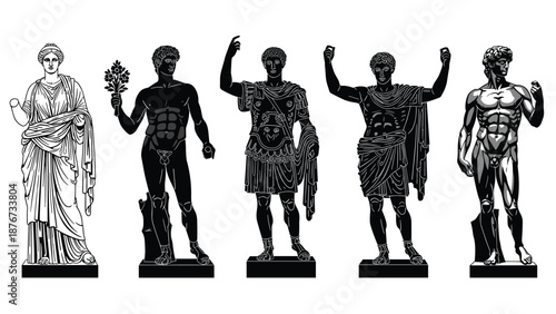 lassical Ancient Greek and Roman Statue Vector Silhouette Set Featuring Marble Sculptures of Gods and Athletes for Historic Art Design Projects