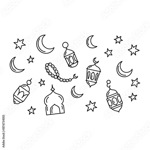 Lunar Harmony: A celestial arrangement featuring crescent moons, shimmering stars, ornate lanterns, and prayer beads, capturing a sense of spiritual celebration and tranquility.