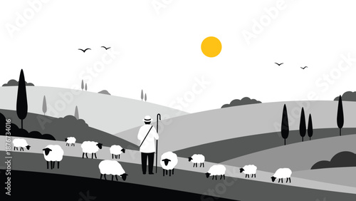 Lone shepherd leads a flock of sheep along a path through a serene rolling landscape with trees under a bright sun in grayscale.