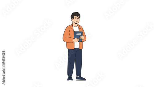 Young male student in an orange jacket stands against a white background while holding a blue book and looking towards the camera.