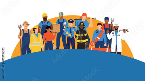 Diverse group of professionals including a doctor, firefighter, police officer, and construction workers stand together on the globe.