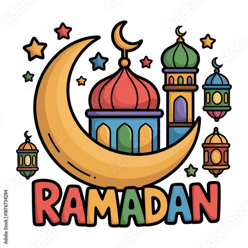 Ramadan Celebration: A vibrant and colorful illustration of the crescent moon, mosque, lanterns, and stars symbolizing the joyous occasion of Ramadan.
