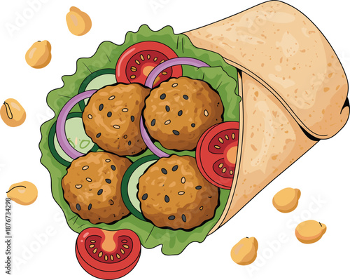 Middle Eastern falafel wrap vector illustration, pita bread sandwich with fried chickpea balls and salad