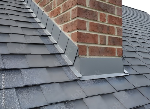 Roof with Grey Shingles and Red Brick Chimney Symbolizing Residential Architecture and Construction, Building Maintenance, and Home Improvement