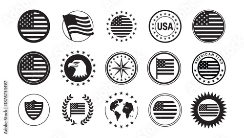 Circular American patriotic badge vector set featuring USA stamps, eagle seals, compasses, and stars and stripes emblems for certification and government logos.