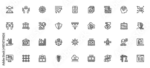 Fintech icon set. Vector icons pack for finance technology, including blockchain, digital wallet, payment, cloud, security, investment and more. Editable stroke.