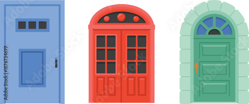 Colorful entrance door vector set, modern blue red and green house doors for architectural design