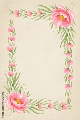 A delicate floral frame with pink flowers and green leaves on a soft beige background
