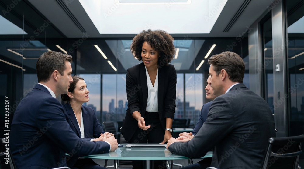 Obraz premium Confident Black female executive leading a strategic boardroom meeting with diverse team
