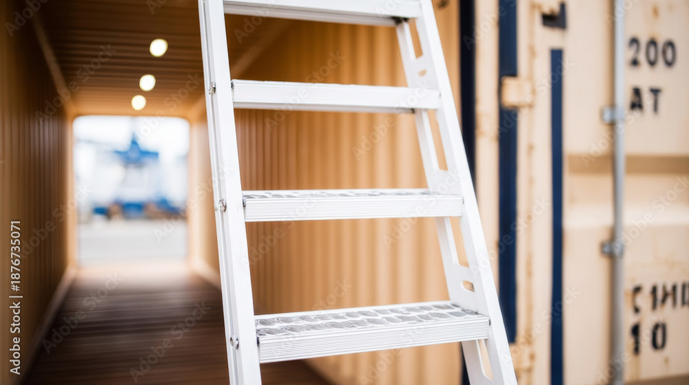 Fototapeta premium Shipping container interior with a narrow ladder leading up, representing industrial logistics, supply chain, and transport