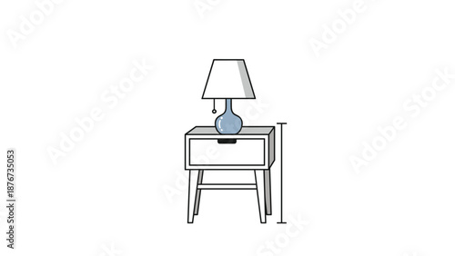 Simple white wooden nightstand featuring a blue ceramic lamp and a black drawer handle on a plain white background.