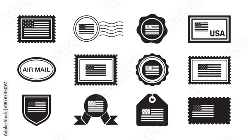 USA postage stamp vector icon set featuring air mail labels, postmarks, wax seals, and rectangular flag stamps for American delivery and shipping designs.