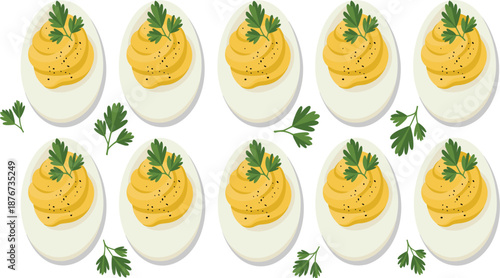 Deviled eggs vector set, classic hard boiled egg halves with creamy filling and parsley garnish