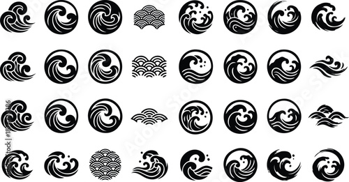 Japanese Wave Icon Set and Seigaiha Patterns, Traditional Oriental Water Symbols, Vector Ocean Crests