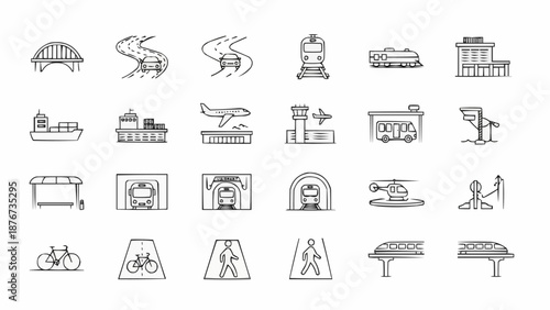 Collection of transportation and infrastructure icons hand drawn style.