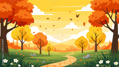 Autumn landscape with path trees and wildflowers Autumn.