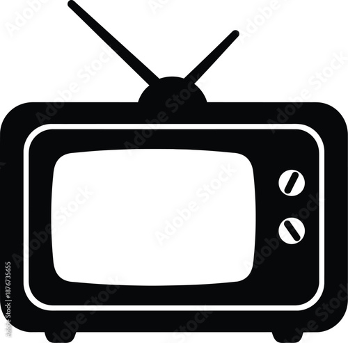 A black and white icon illustration of a vintage television set with antennae