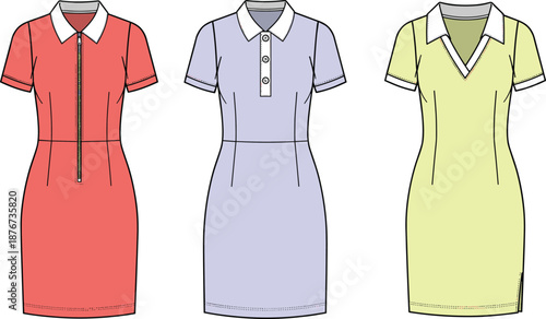 Women polo dress CAD drawing, flat vector illustration, technical fashion garment design short sleeve collar dresses collection isolated on white background