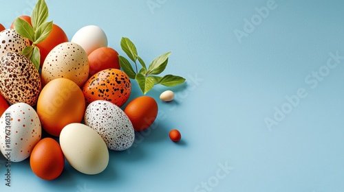 Colorful Assortment of Decorative Eggs on Soft Blue Background