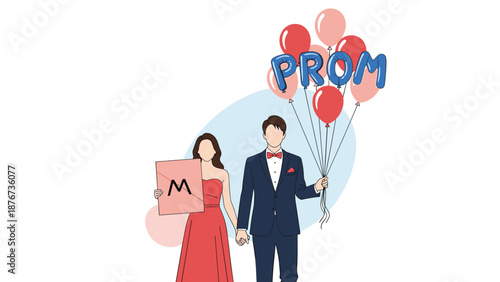 Elegant young couple dressed in formal attire for prom stands together holding a bunch of festive red and blue balloons.