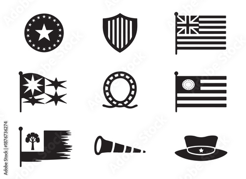Historical American Revolution vector icon set featuring colonial flags, 13 star circles, tricorn hats, and spyglasses representing 1776 and the founding era.