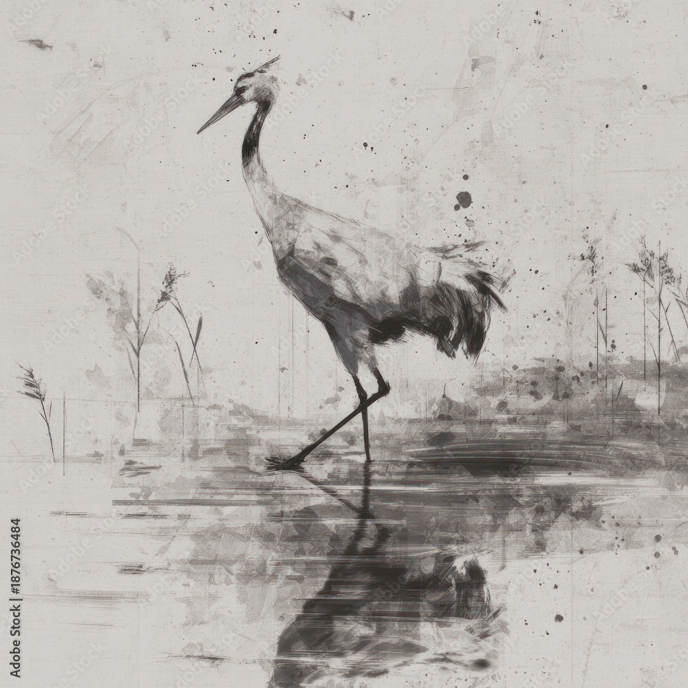 Naklejka premium Artistic monochrome illustration of a tall bird wading gracefully in shallow water with reeds