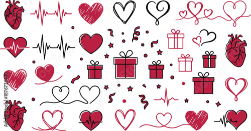 Set of hand drawn heart icons, anatomical hearts, EKG heartbeat lines, and gift boxes for Valentines